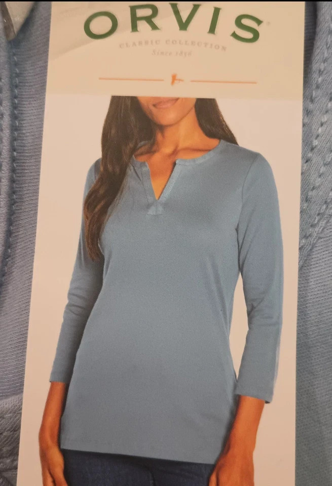 Orvis Women's ¾ Sleeve Split Neck Top, Blue, Size S