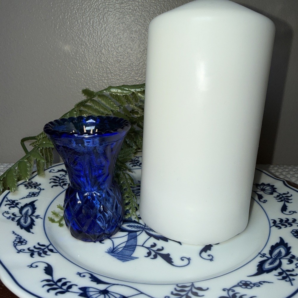 Vintage Cobalt Blue Glass Toothpick Holder Mini Bud Vase Hong Kong 2.75” MCM