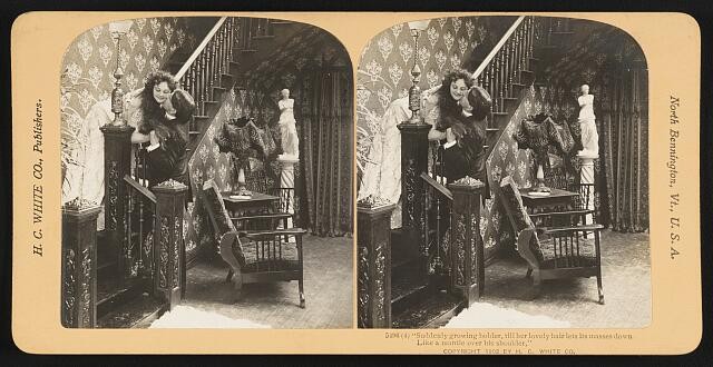Photo:1902 Woman on Staircase with Loose Hair Stereoview H.C. White Co.