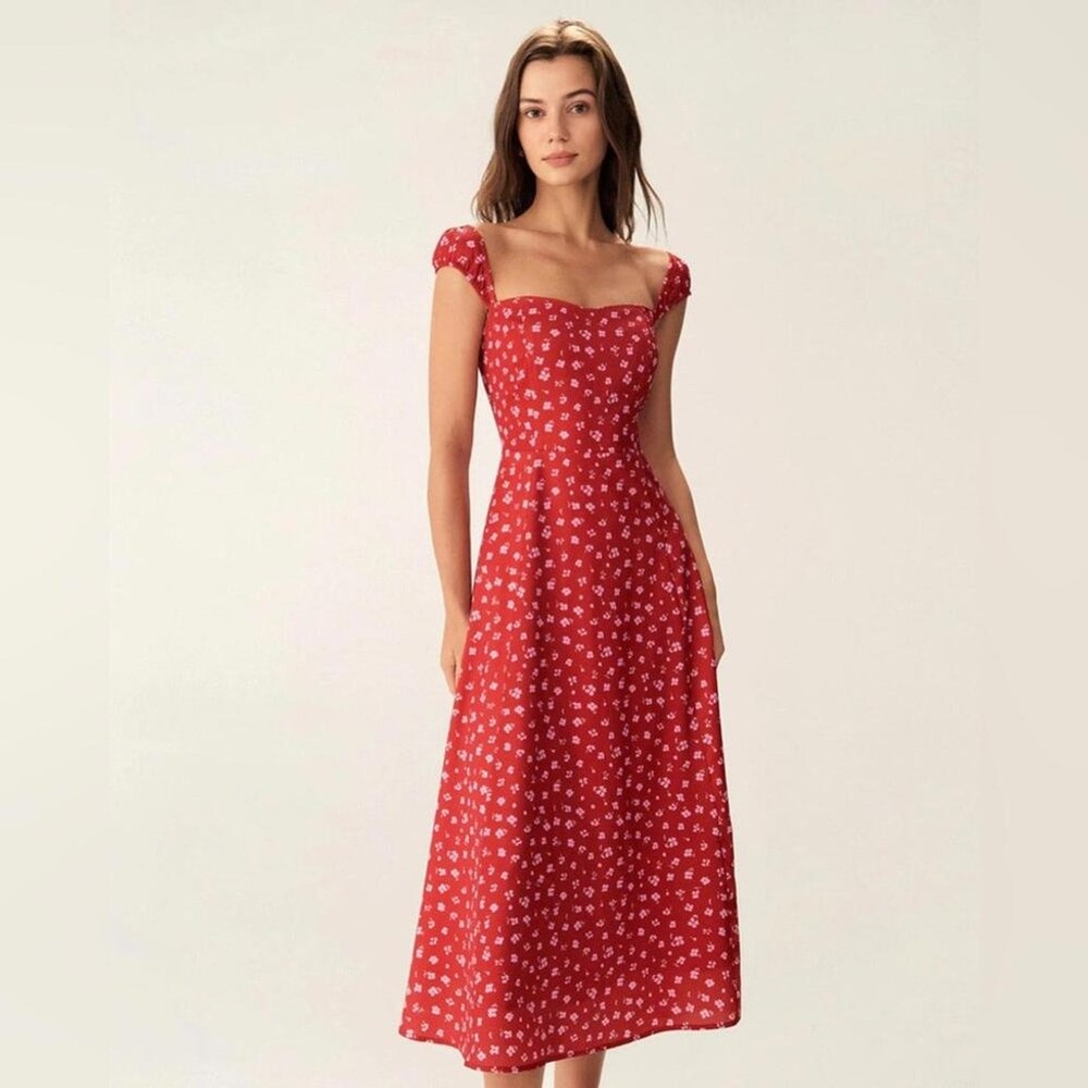 RIHOAS Red Floral Sweetheart Neck Cap Sleeve Midi Dress M