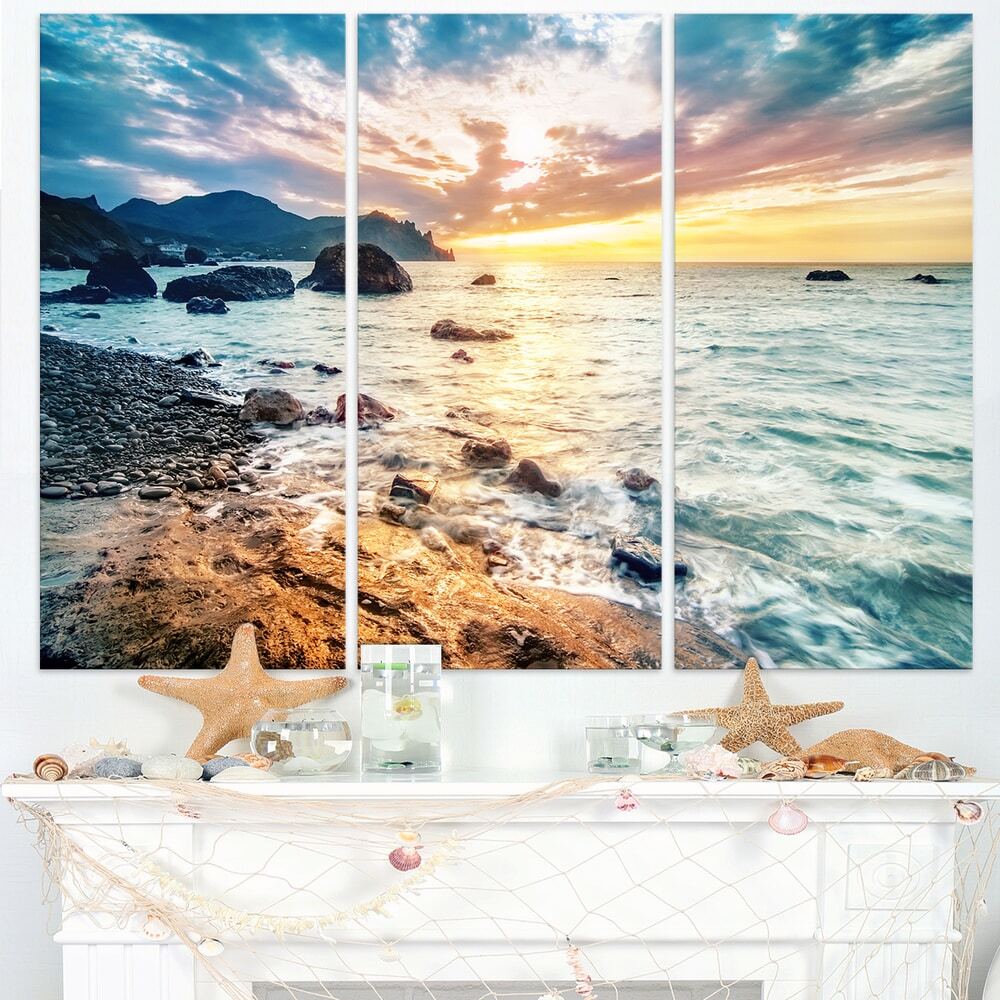 Summer Sea with Mountains and Waves - Contemporary Seascape Multi 36 in. wide x