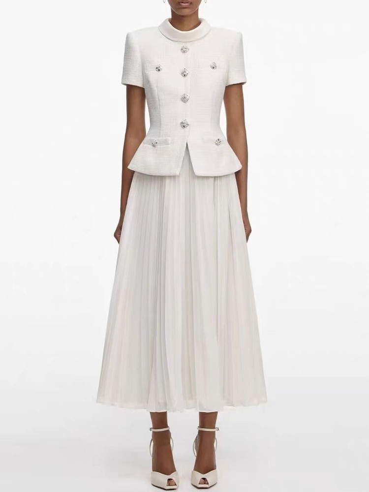 Self-Portrait Tweed Splicing Chiffon Pleated Women's Short sleeves Dresses