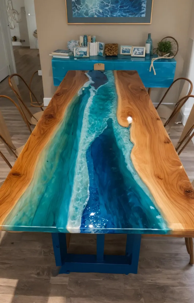 36x24 Handmade Ocean Wave Epoxy Resin Dining Table with Unique Sofa Centerpiece Top
