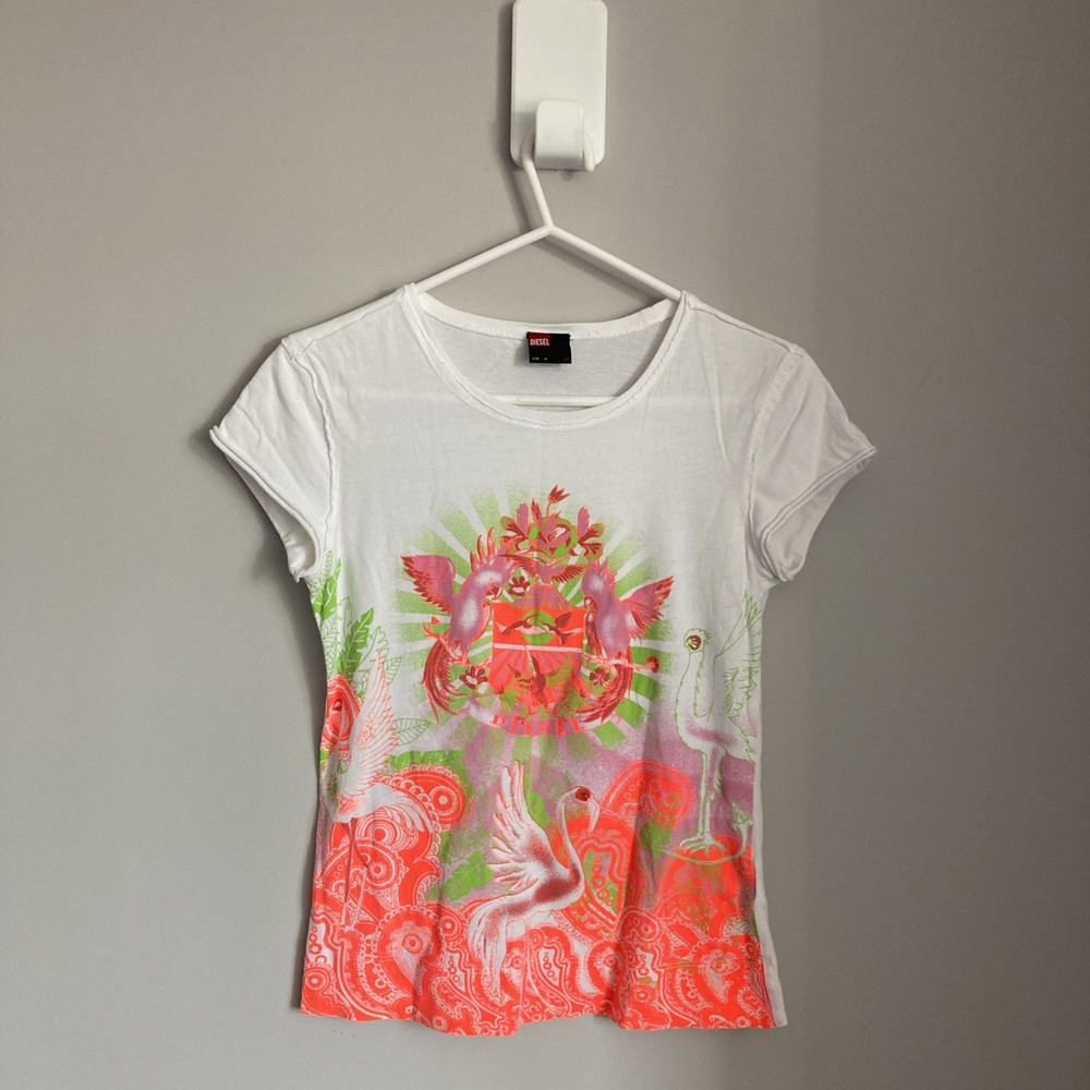 Diesel Womens Graphic T Shirt Top Medium Y2K White Neon Vintage