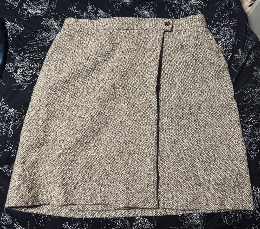 Brooks Brothers Sz 14 Wool Tweed Wrap Skirt Brown Cream Herringbone Lined Career