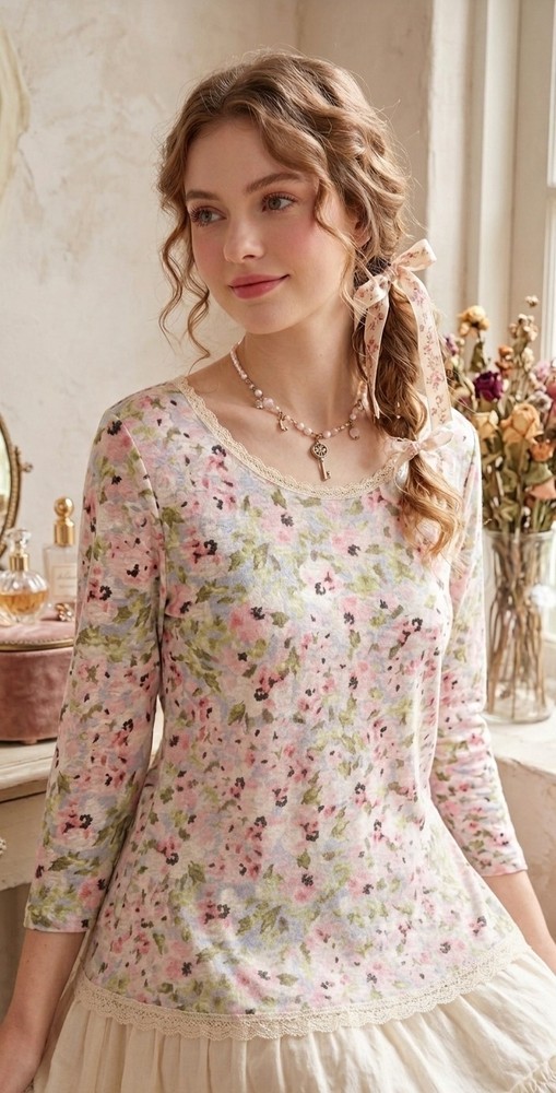 J. Jill Love Linen Top Size M Women's Pink Floral 3/4 Sleeve Romantic Coquette