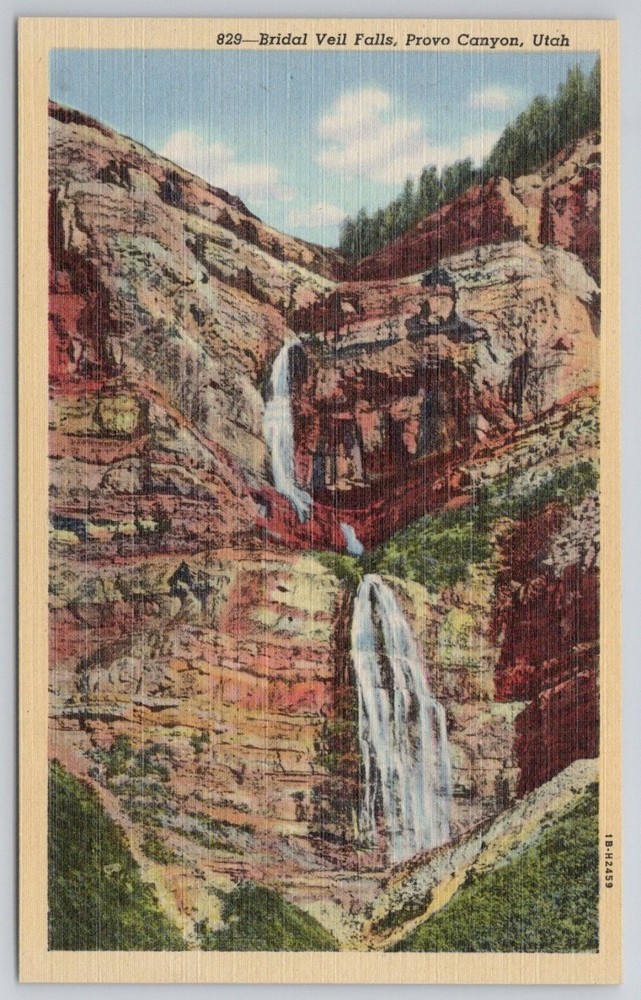 Vintage C.T. Art-Colortone Postcard Bridal Veil Falls Provo Canyon Utah