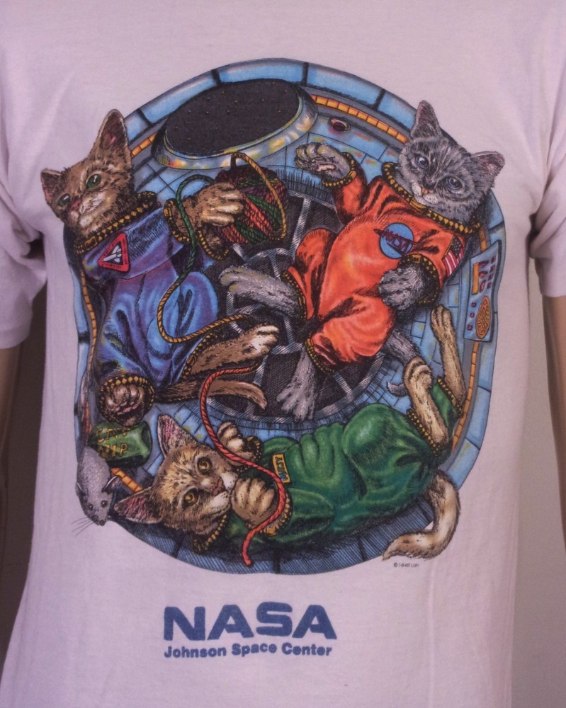 vintage 80s 90s RARE single stitch Prints of Tails NASA T-Shirt Cat Astronauts M