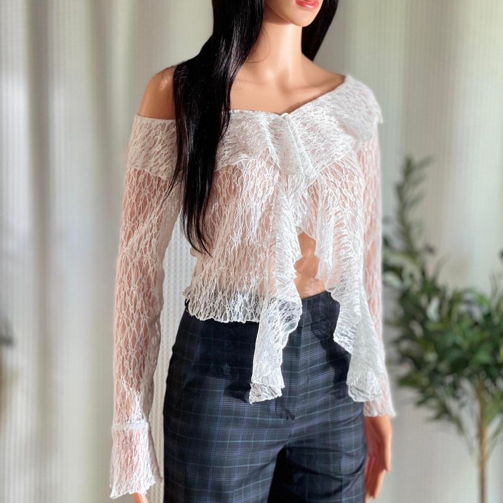 NWT Nasty Gal White Lace Ruffle Long Sleeve Sheer Top Coquette Romantic Sz M