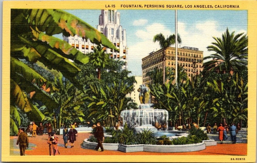 Vintage Linen Postcard Pershing Square Fountain Los Angeles California 1936