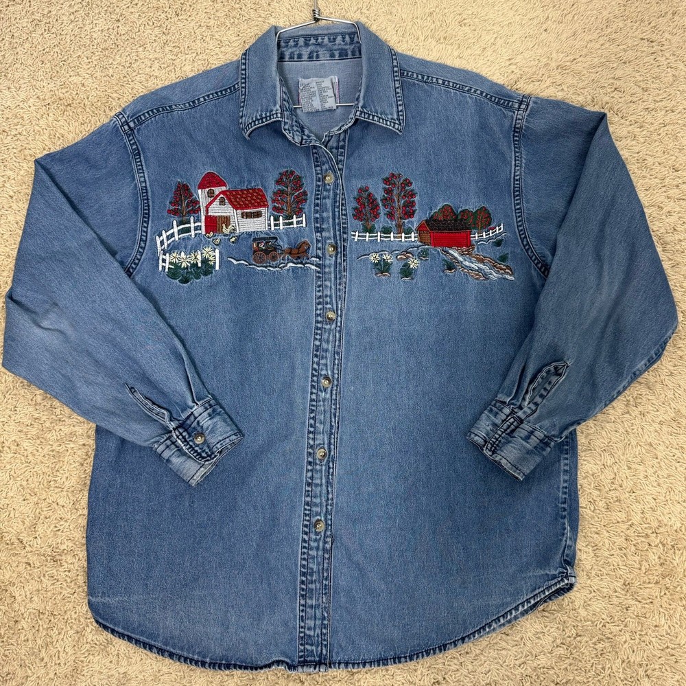 Vtg Keren Hart Long Sleeve Denim Button Up Shirt Embroidered Apple Picking Sz M