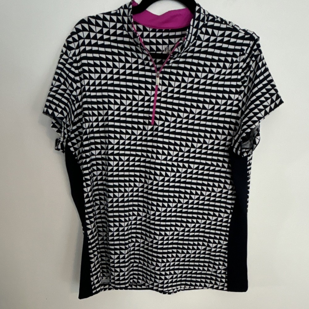 Tail Women's Geometric Mock Neck Zip Top XL Black White Polyester Spandex Golf