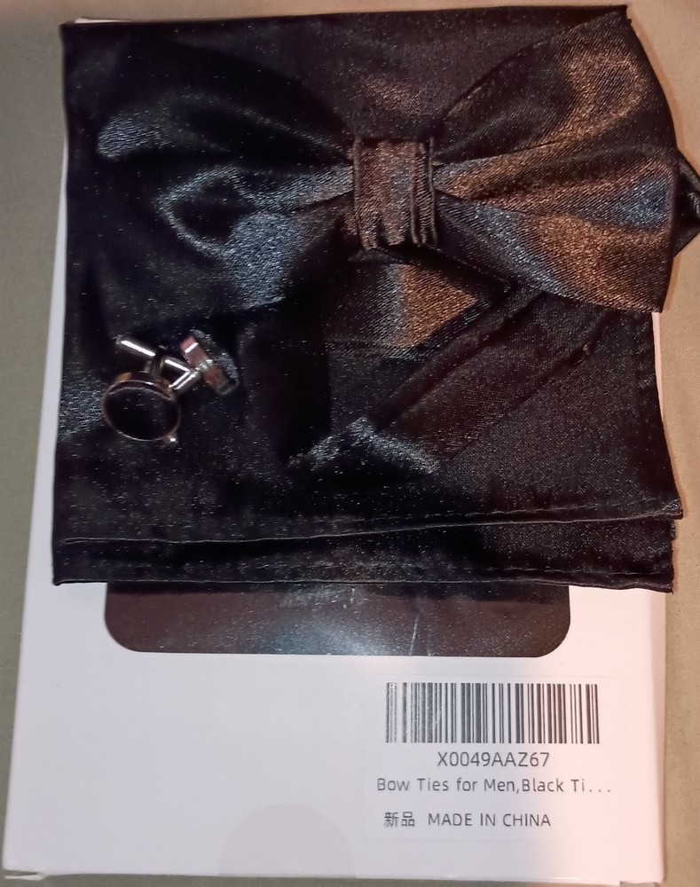1 Set of Solid Black Men Pre-tied Bow Tie Pocket Cuff Links & Square...
