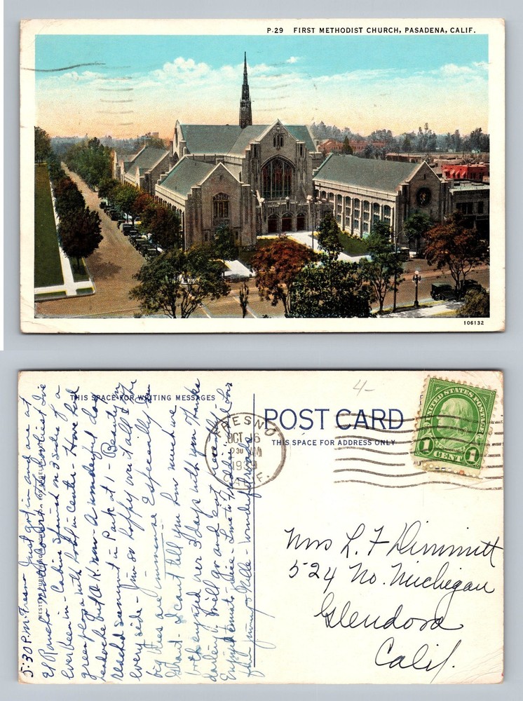 Pasadena CA-California, First Methodist Church Street View, Vintage Postcard