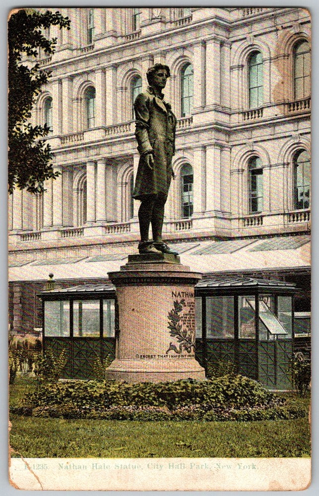 Antique Postcard Nathan Hale Statue New York, NY 1910s