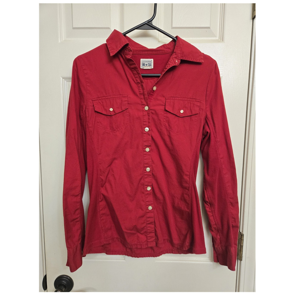 Converse One Star Women's Red Collared Button-Up Long Sleeve Shirt, Small