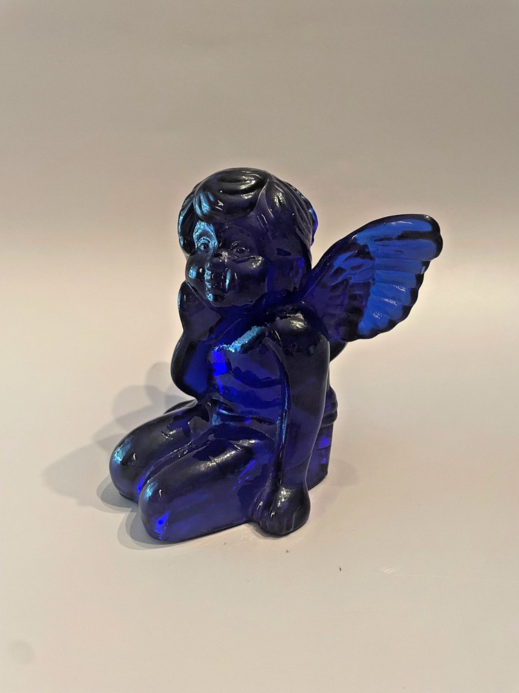 Vintage Sitting Angel Cherub Cobalt Blue Glass Taper Candle Holder