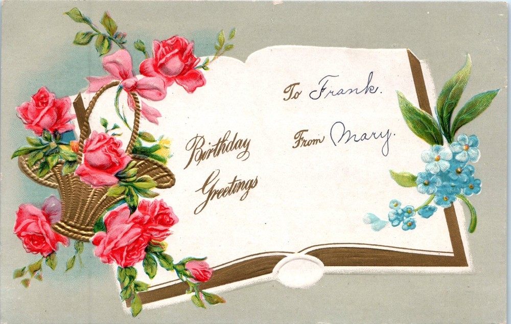 Vintage - Lovely Gilt Basket With Flowers Embossed Birthday - Postcard - P12