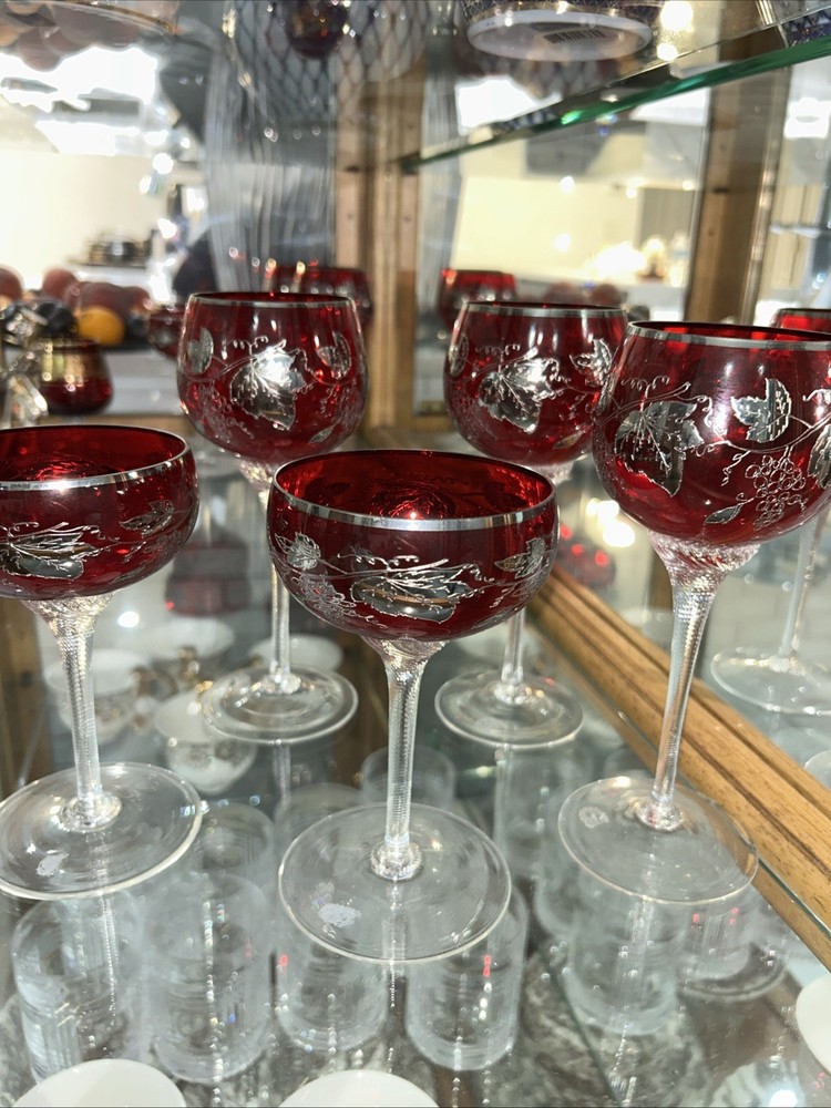 BOHEMIAN RUBI CRYSTAL GLASSES : 5 WINE 8”& 5 Champagne 6”,PLATINUM ETCHED DESIGN