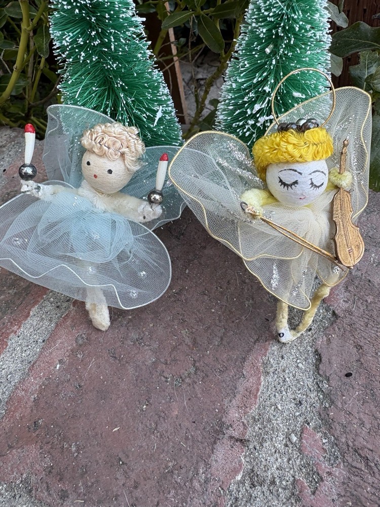 2 Vtg 1950s Tulle Spun Cotton Face Angels Chenille Christmas Ornaments