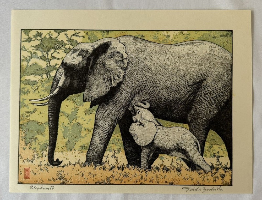 Yoshida Toshi 1911 1995 Woodblock Print Elephants Hand Printed Reprint Japan