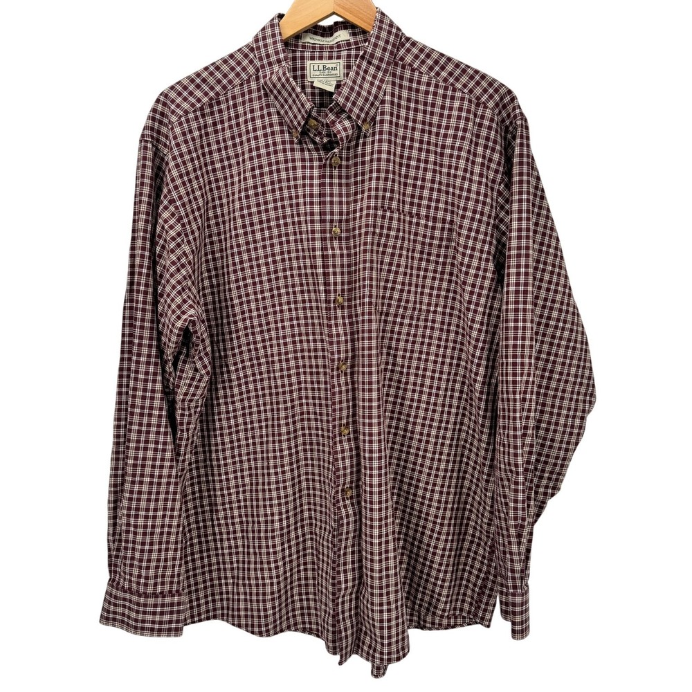 LL Bean Shirt Mens XL Maroon Cream Plaid Button Down Wrinkle Resistant