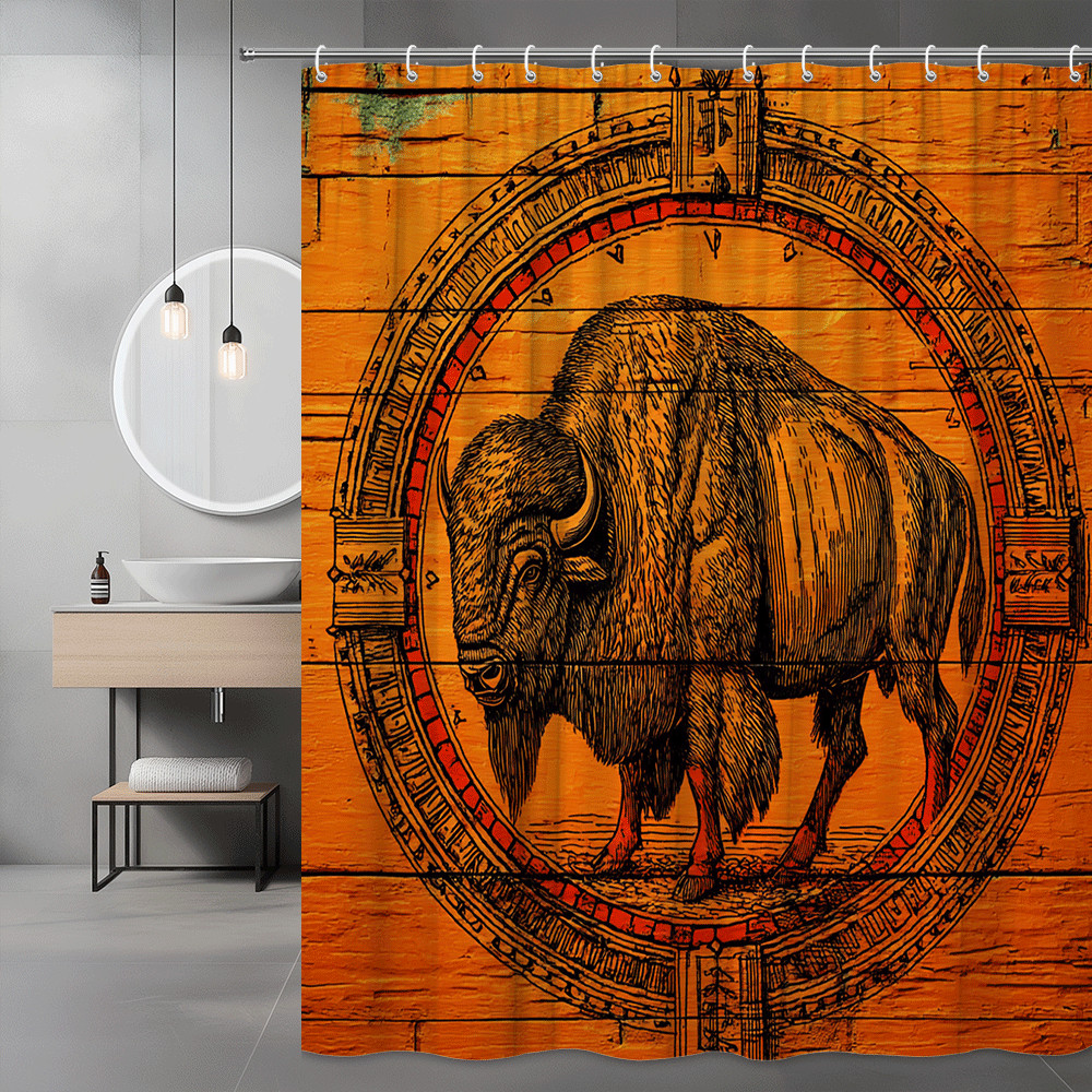 Bison Shower Curtain Orange Western Graphic Print