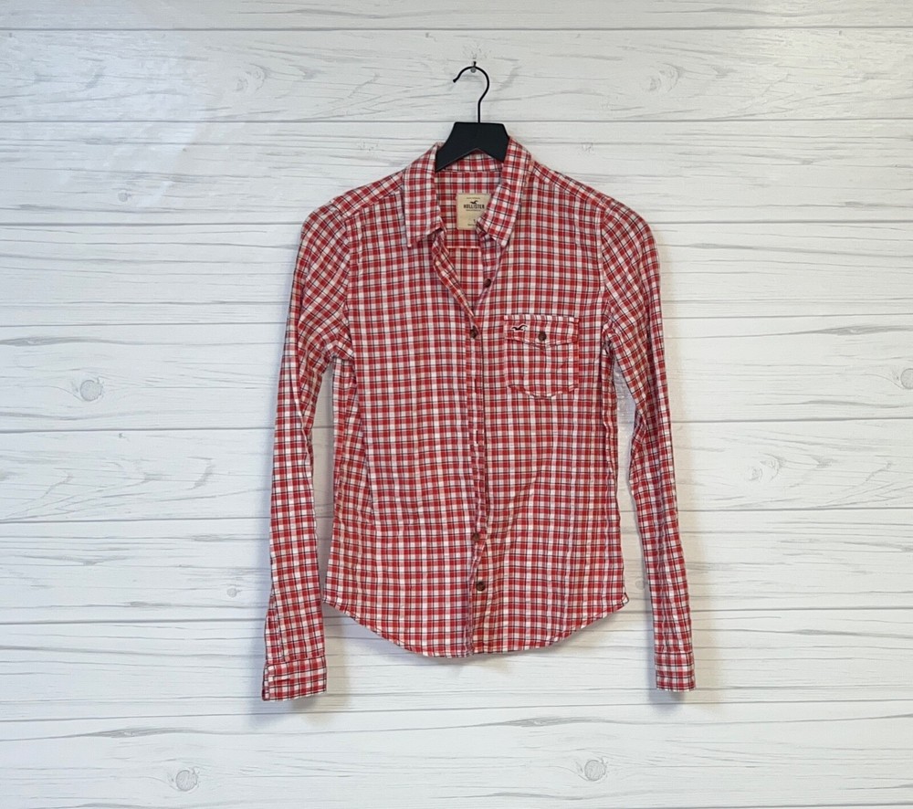 Hollister shirt womens size small button up long sleeve red plaid slim fit