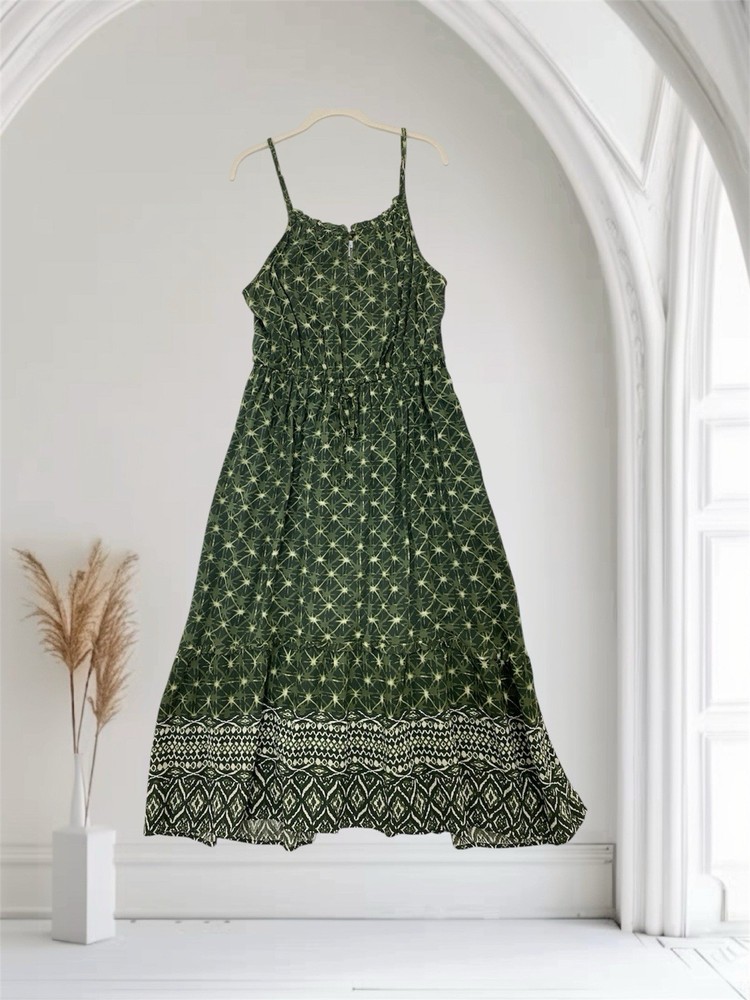 Women’s Tiered Halter Midi Dress Size Large Boho Green Print Elastic Waist