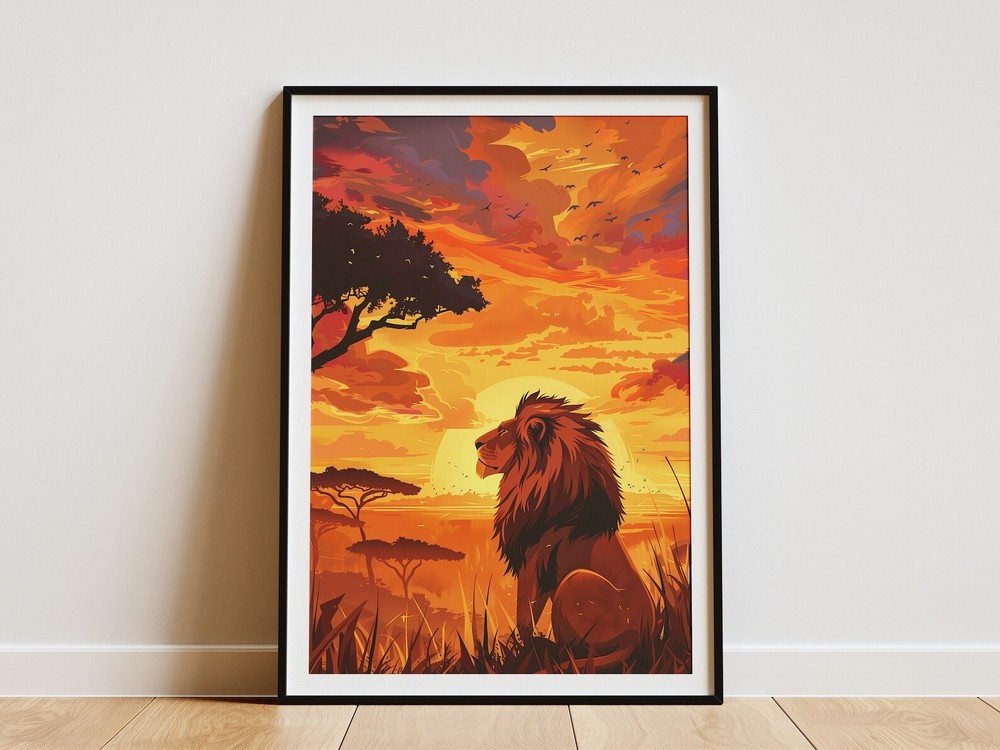 African Lion Sunset Poster Savanna Art Print Animal Wall Decor Wildlife Art For