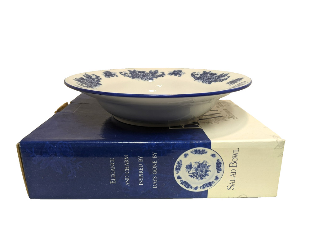 Vintage Cracker Barrel Blue & White Porcelain Salad Bowl Dish Floral 9