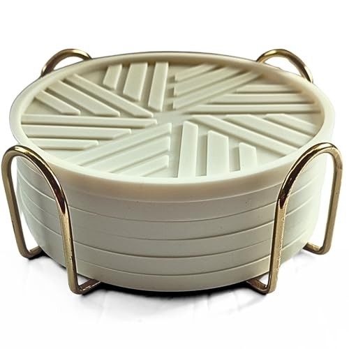 Silicone Coasters Set of 6 with Holder - Modern Beige Design