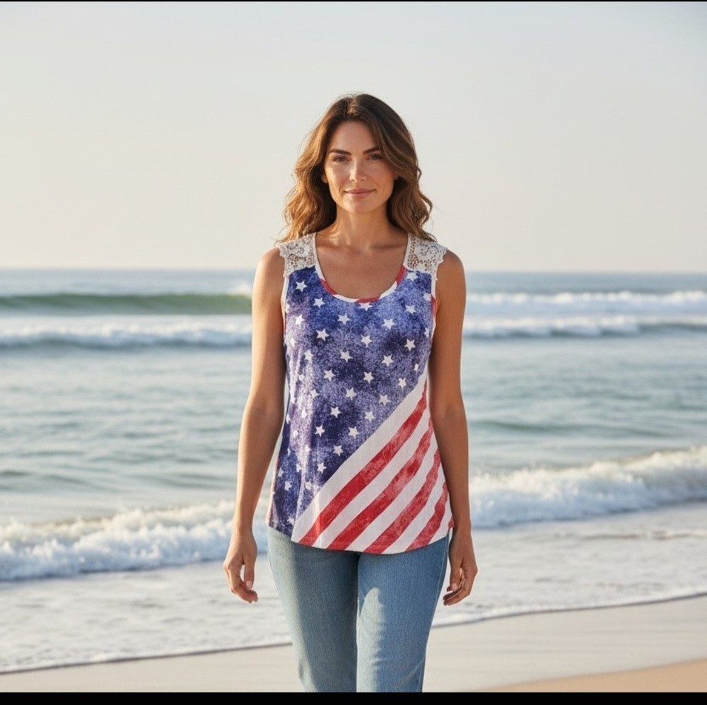 Rue 21 Sleeveless American Flag Crochet-Trim Tank Top - Blue/Red/White Medium