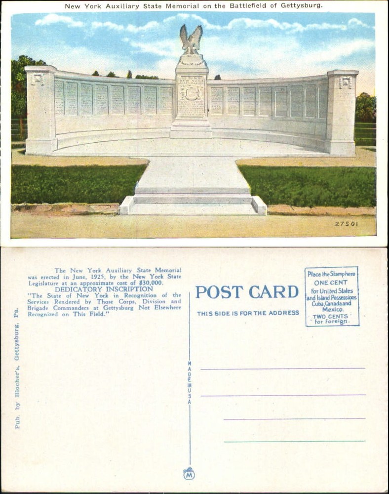 New York Auxiliary State Memorial Gettysburg Pennsylvania 1920s vintage postcard