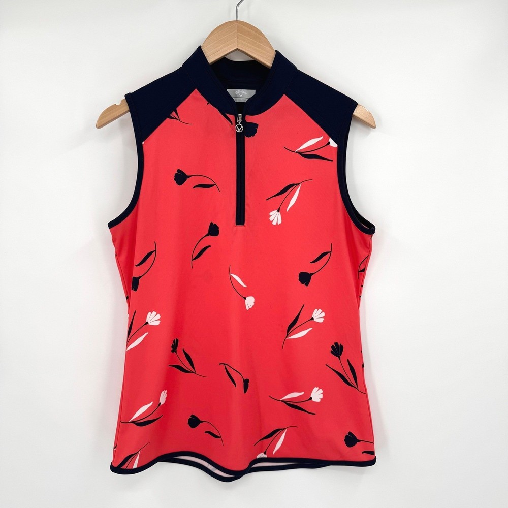 Callaway Womens Opti-Dri Sleeveless 1/4 Zip Golf Polo Pink Navy Floral Tulip L