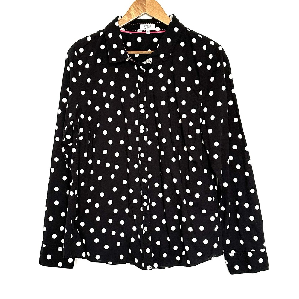 Crown & Ivy Shirt Women’s XL Black White Polka Dot Button Down Long Sleeve Top
