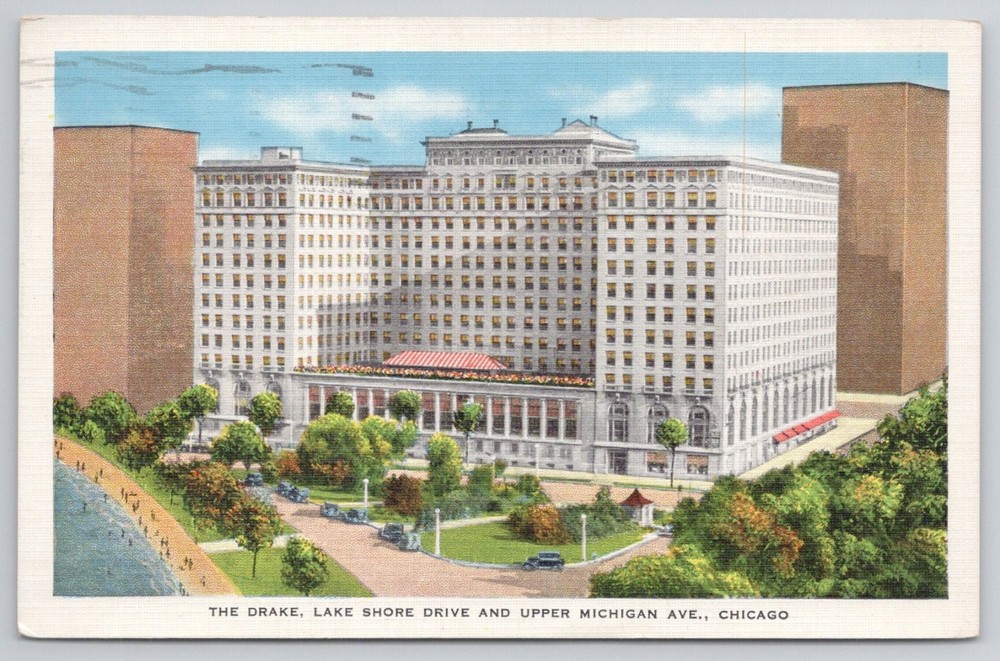 Vintage THE DRAKE Hotel Chicago IL Linen Postcard 1934 Posted Lake Michigan