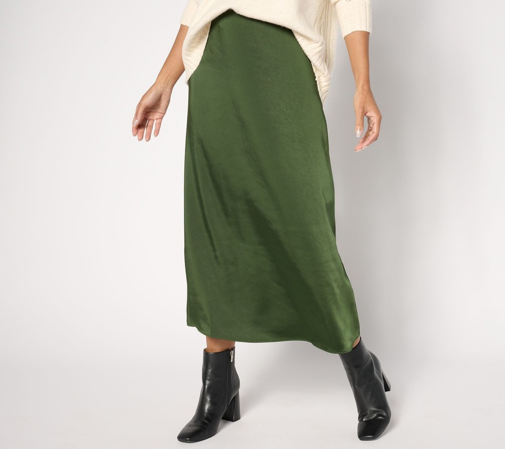 Me by Jennie Garth Women's Skirt Sz L Brookline Satin Midi Green A667995