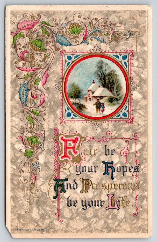 Fair Be Your Hopes~Circle Winter Scene~Art Nouveau~Gold~Emb~John Winsch~1910 PC