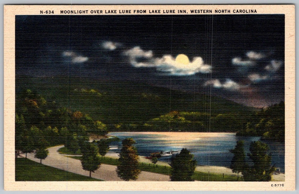 Vtg Linen Postcard Moonlight Over Lake Lake Lure, NC 1930s
