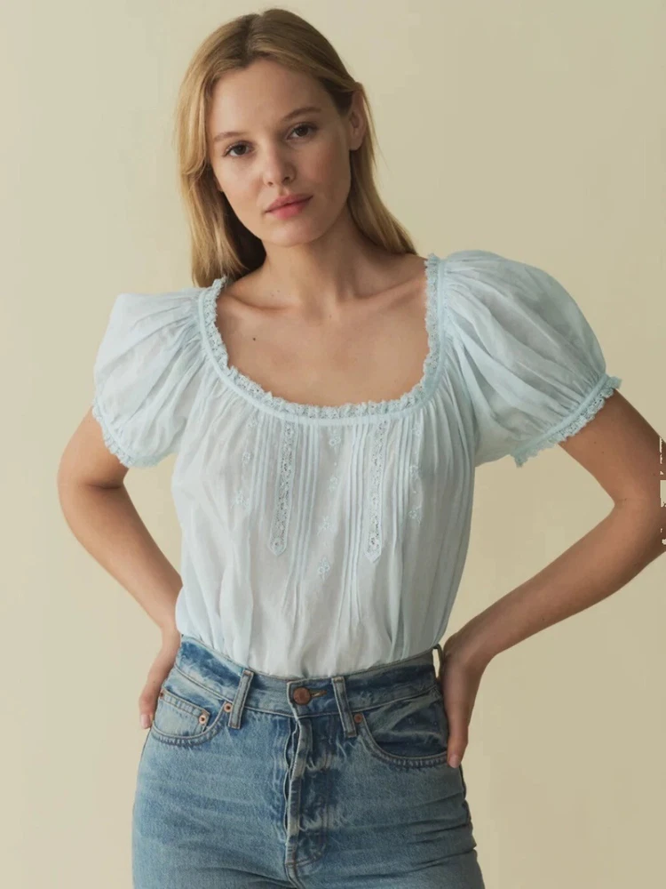 Doen Lace Blouse Top Round Neck Puff Sleeve Shirt Top for Women