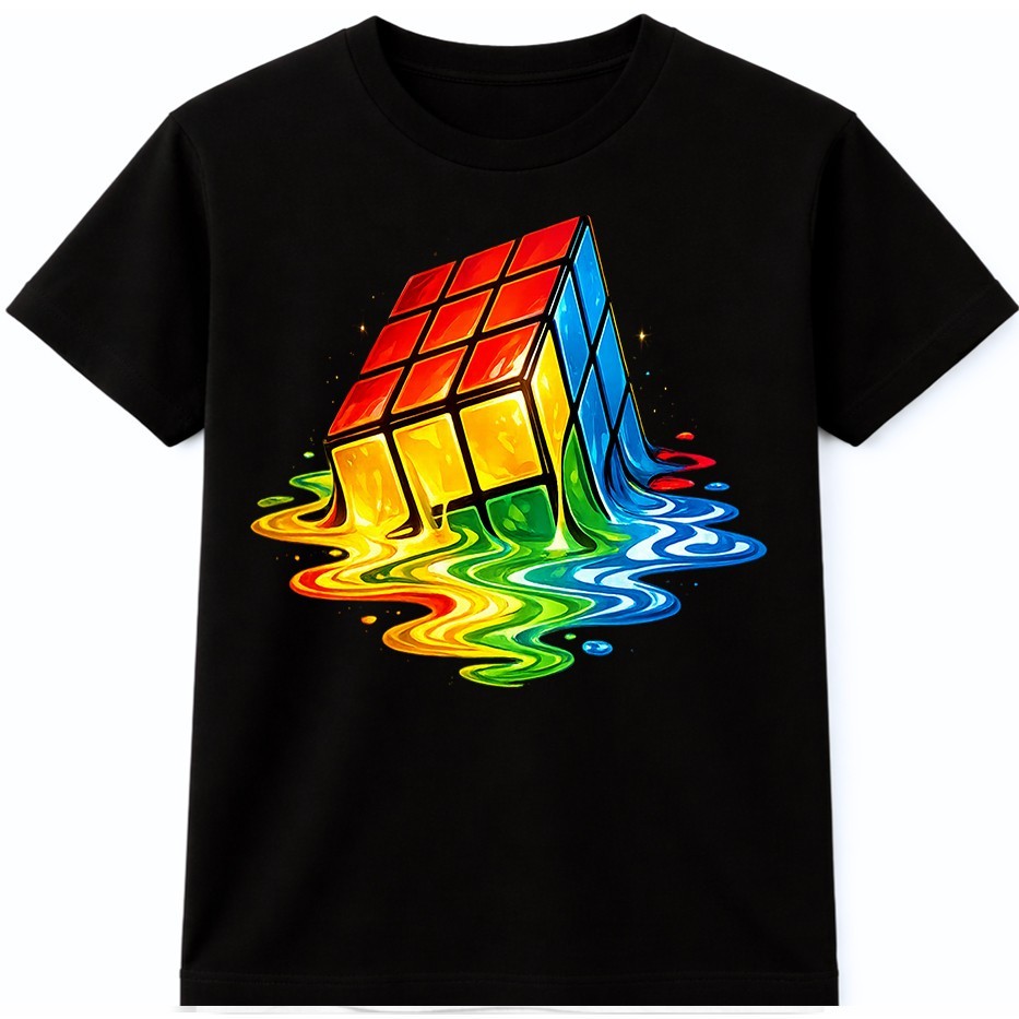 Retro Melting Puzzle Cube Graphic T-Shirt 80s Rainbow Drip Tee