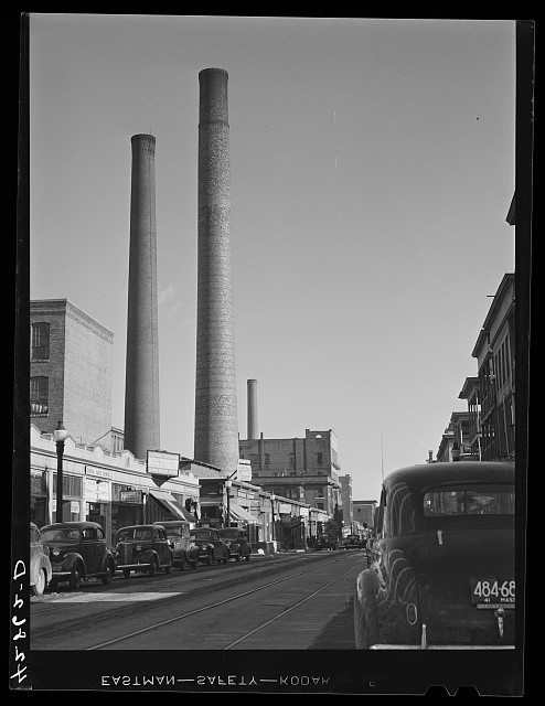 Photo:Lowell Massachusetts 1941 Street Scene Smokestacks Automobiles