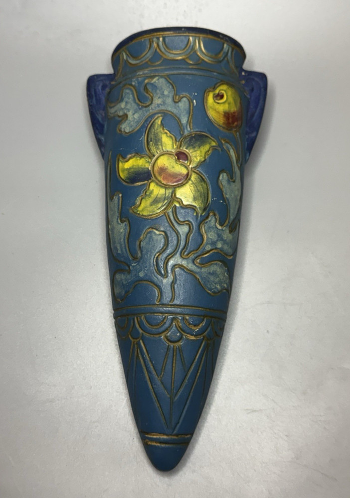 Art Nouveau Ceramic Wall Pocket Vase Hand Painted Blue Yellow Flowers Vintage