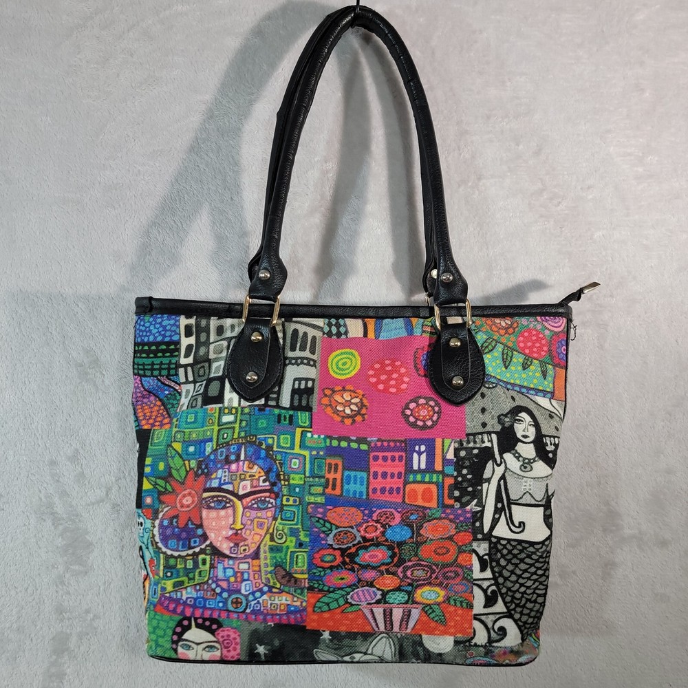 Abstract art shoulder bag from Turkey with zip pocket and black trim-image