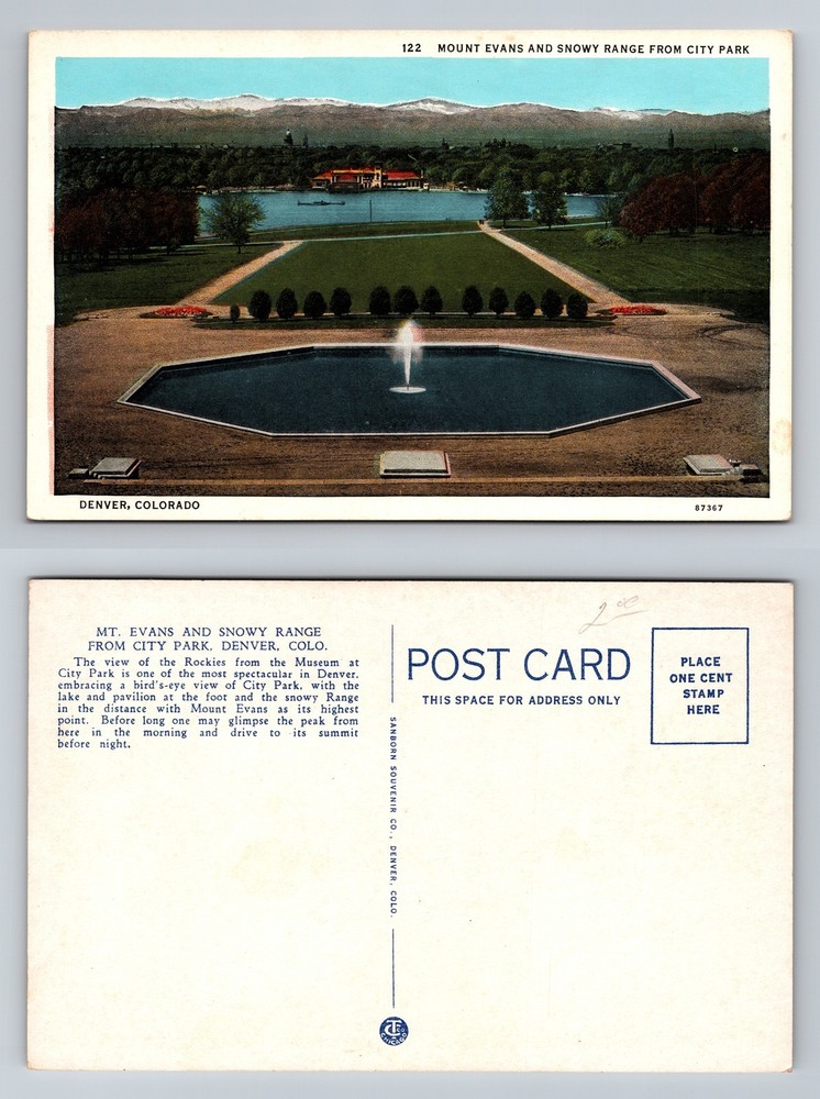 Denver, CO-Colorado, Mount Evans and Snowy Range from City Park Vintage Postcard