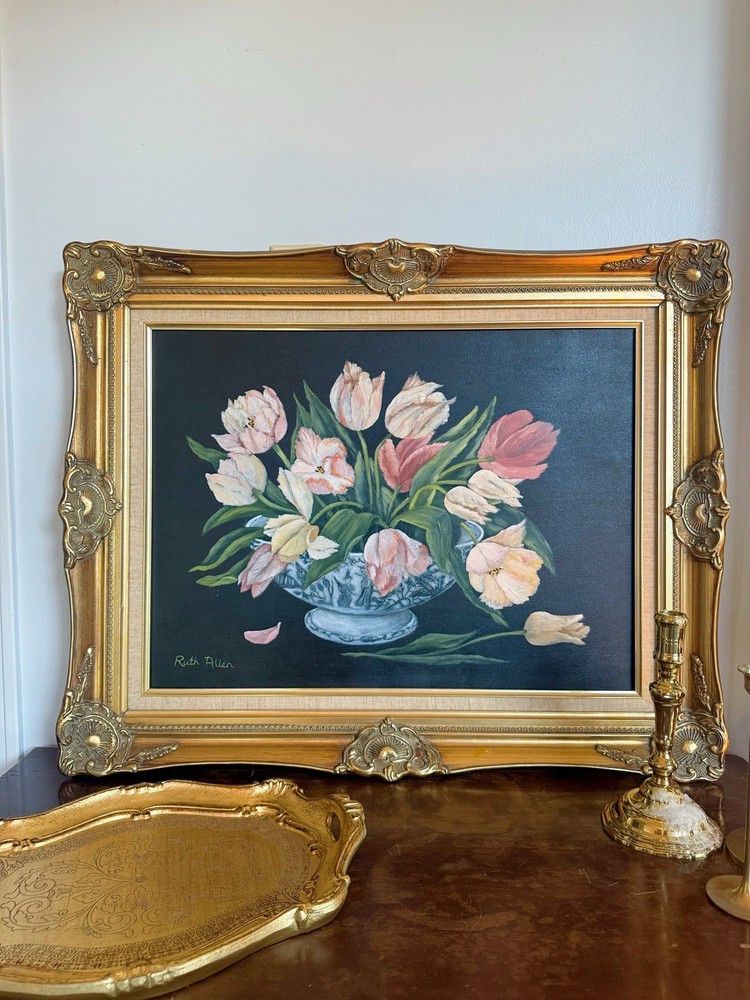 Ruth Allen Original Signed Framed Floral Still Life Painting on Canvas