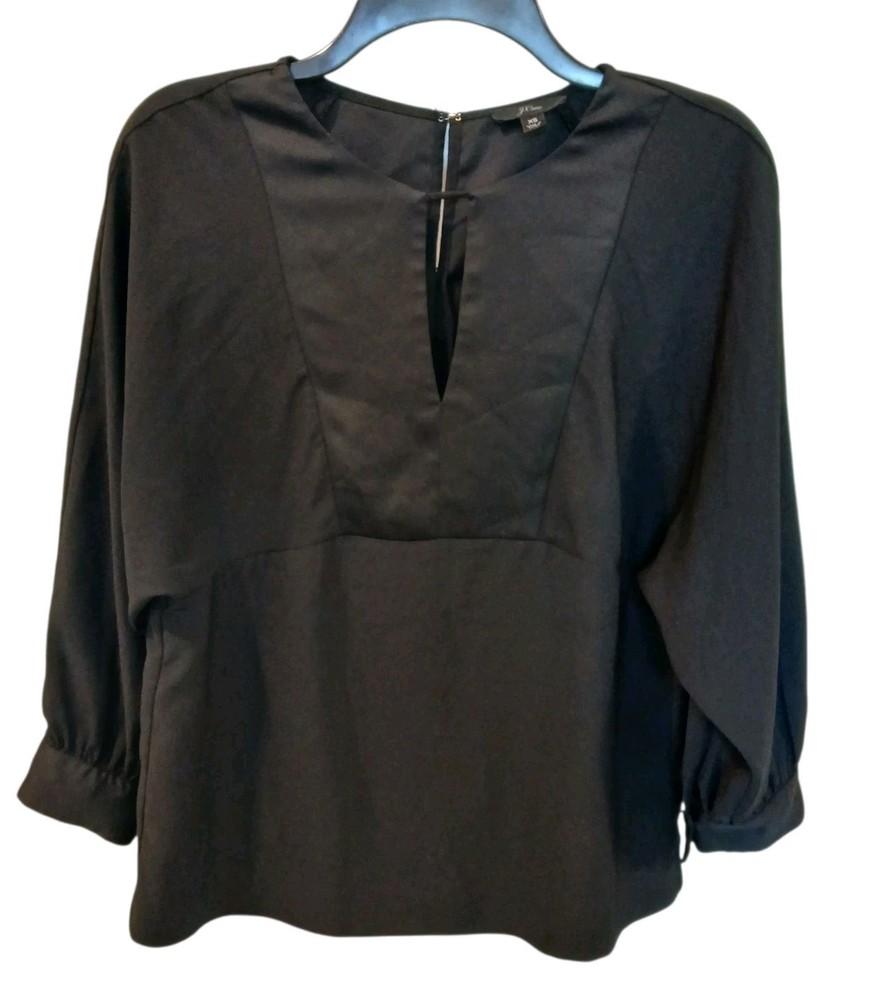 J Crew Blouse Womens Size XS Black Crepe V-Neck Satin-Back Keyhole Preppy Goth