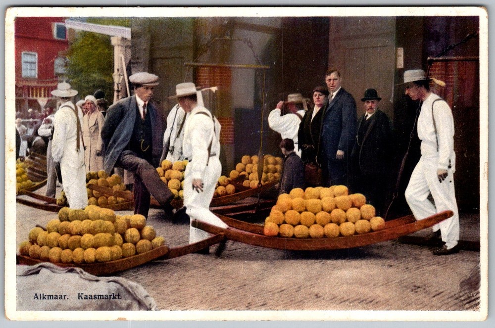 Antique Postcard Cheese Market Vendors Alkmaar, Netherlands 1910s