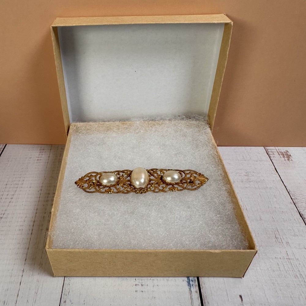 Vintage Signed Miriam Haskell Faux Pearl Bar Brooch Gold Tone Filigree